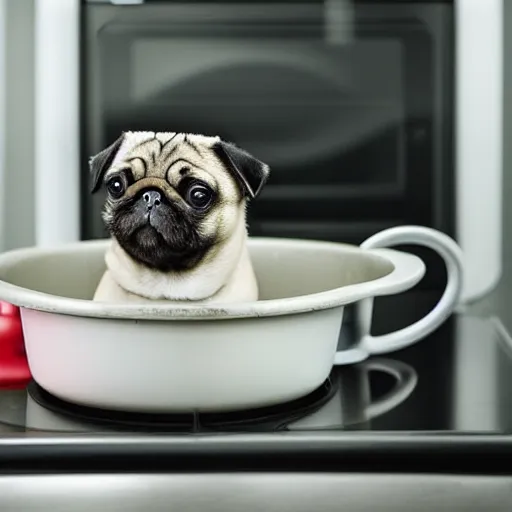 Image similar to An adorable pug sitting in a pot of water atop a stove, high resolution photograph