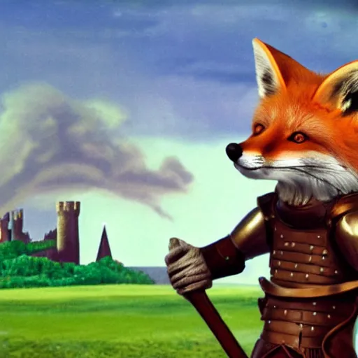 Prompt: anthropomorphic fox!! who i - s a medieval knight holding a swo - rd towards a stormy thundercloud [ 1 9 3 0 s film still ], ( castle in the background )