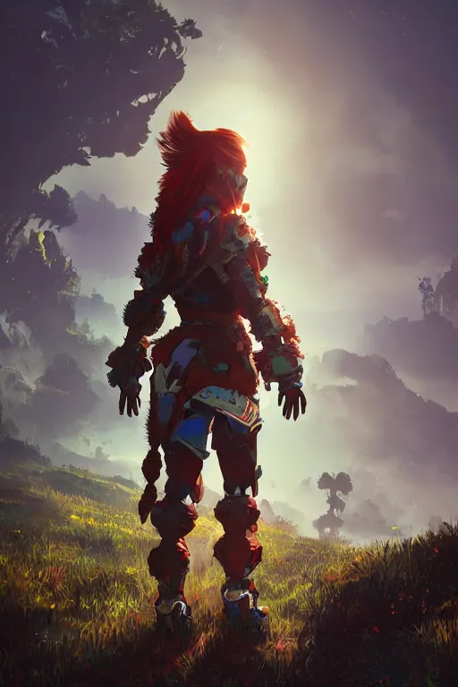 Image similar to combination suit armor aloy horizon forbidden west horizon zero dawn radiating a glowing aura global illumination ray tracing hdr fanart arstation by ian pesty and alena aenami artworks in 4 k tribal robot ninja mask helmet backpack