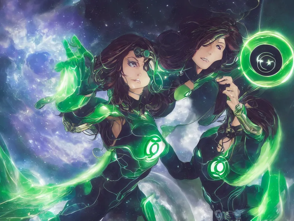 Image similar to anime key visual of one beautiful female green lantern, dc comics, power, hope, glowing, intricate, in space, stunning, highly detailed, digital painting, artstation, smooth, hard focus, illustration, art by artgerm and greg rutkowski and alphonse mucha