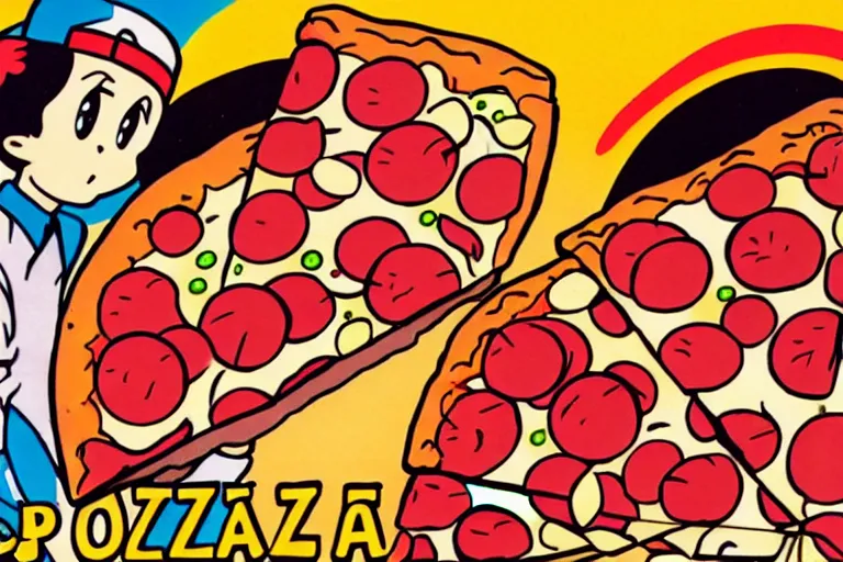 Image similar to pizza, 80s, advertisement, anime, explosion