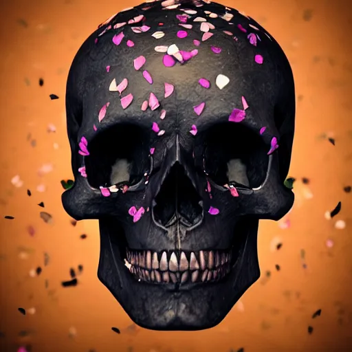 Prompt: obsidian skull surrounded by flower petals, octane render, trending on artstation