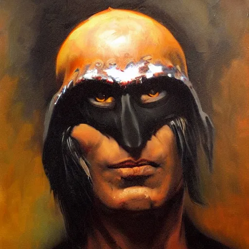 Image similar to detailed oil painting dark shaman wearing Raven mask by Phil hale