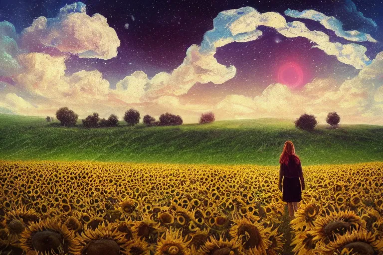 Image similar to giant sunflower as a head, girl walking in wheat field, hills, surreal photography, dark night, star trails, dramatic light, impressionist painting, clouds, digital painting, artstation, simon stalenhag