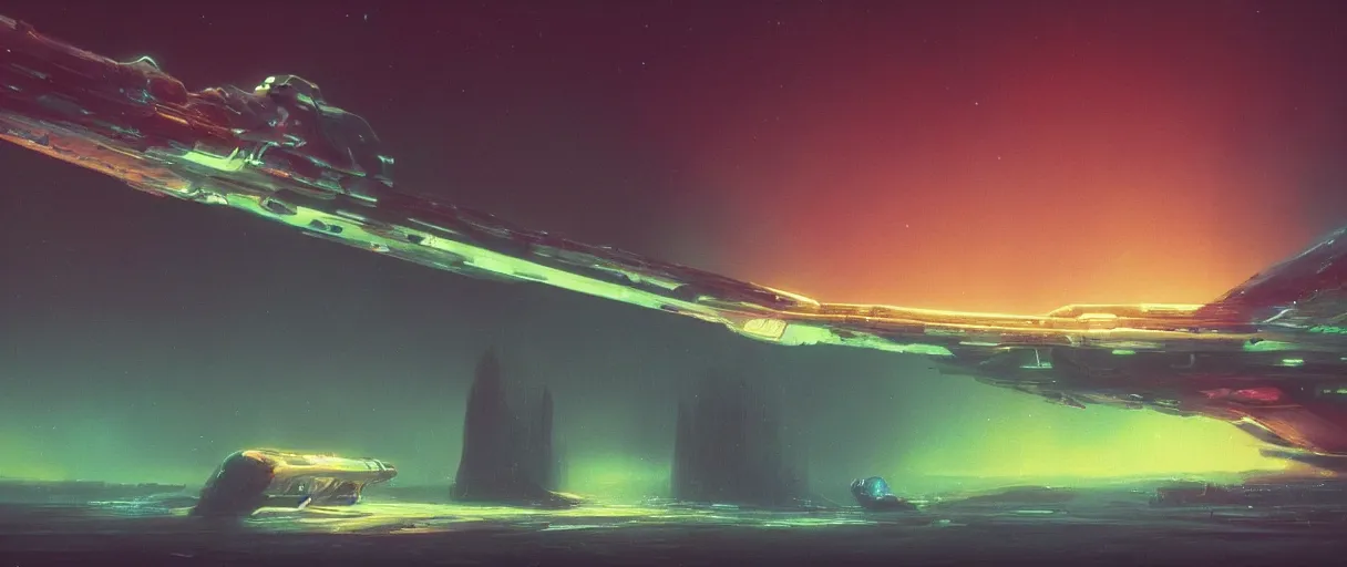 Image similar to neon palette, humanity industrial spaceship!!, deep space exploration!!!, ridley scott universe, mysterious, ultrarealistic, cinematic lighting, 4k, wide angle, trending on artstation, beksinski