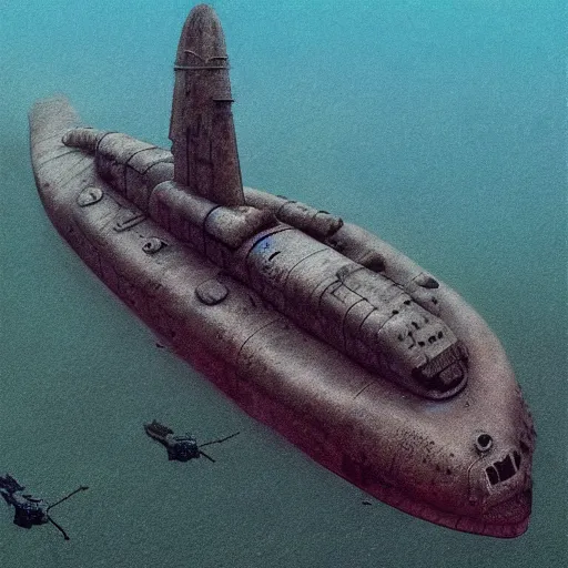Prompt: underwater rover footage of shipwrecked soviet submarine dark fantasy, intricate, smooth, artstation, Wayne Barlowe, zdislav beksinski