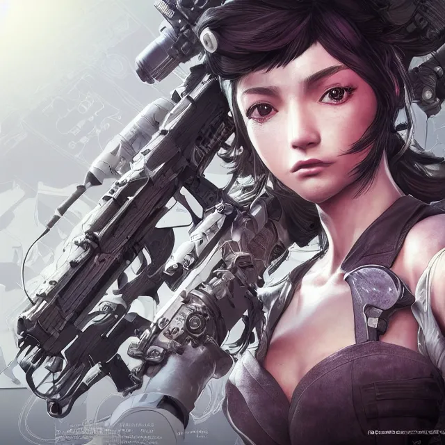 Image similar to the portrait of lawful neutral female futuristic marine sniper as absurdly beautiful, gorgeous, elegant, young gravure idol, an ultrafine hyperdetailed illustration by kim jung gi, irakli nadar, intricate linework, bright colors, octopath traveler, final fantasy, unreal engine 5 highly rendered, global illumination, radiant light, detailed and intricate environment