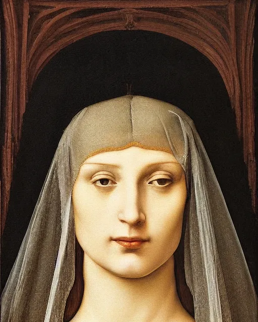 Prompt: a painting of a woman with a veil on her head, a detailed painting by antonello da messina, behance, pre - raphaelitism, pre - raphaelite, da vinci, fresco