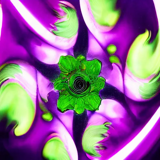 Image similar to Deep imprint flower core, our ouroborous devours it's tail by Rick Baker, black, neon purple, Hyperreal, Photographed in the Style of Annie Leibovitz, Studio Lighting