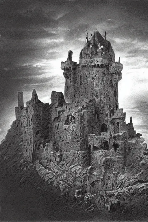 Image similar to castle grayskull,, silver iodide, 1 8 8 0 photograph, sepia tone, aged paper, sergio leone, master prime lenses, cinematic