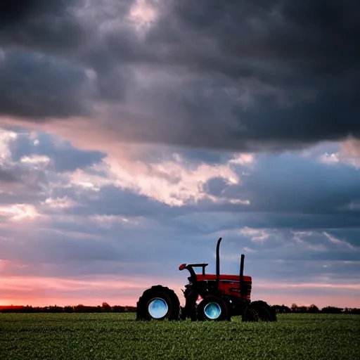 Prompt: tractor driving through field, sunset, ominous sky, beautiful photo, dslr photo, high detail, realism