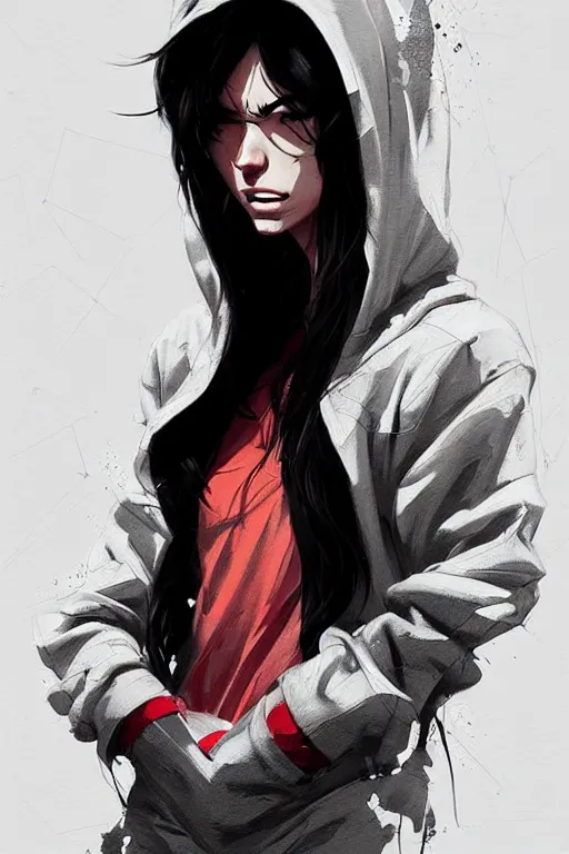 Image similar to a ultradetailed portrait painting of a stylish woman in a oversized hoodie, she has a wolfcut, by conrad roset, greg rutkowski and makoto shinkai trending on artstation