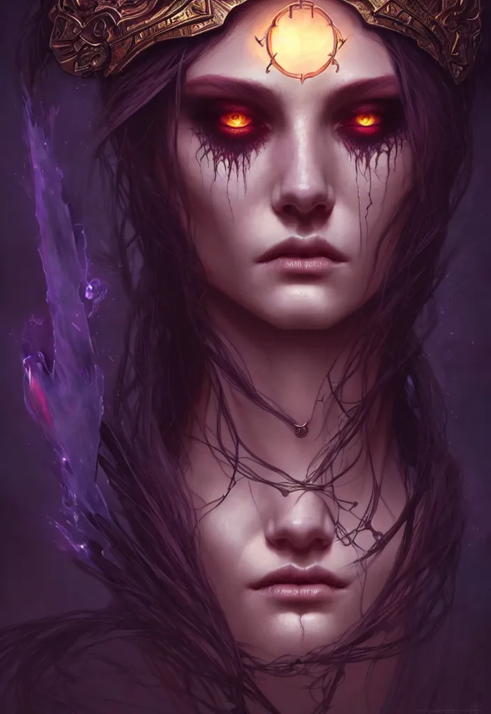 Image similar to Necromancer Sorceress face in center, fantasy magic, undercut hairstyle, dark light night, intricate, elegant, sharp focus, illustration, highly detailed, digital painting, concept art, matte, art by WLOP and Artgerm and Greg Rutkowski and Alphonse Mucha, masterpiece