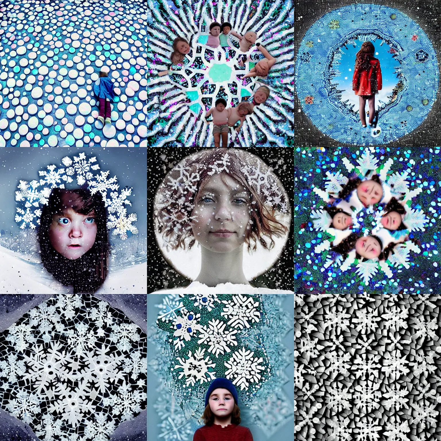 Prompt: surreal photography mosaic snowflakes with tiny human faces. surreal photography