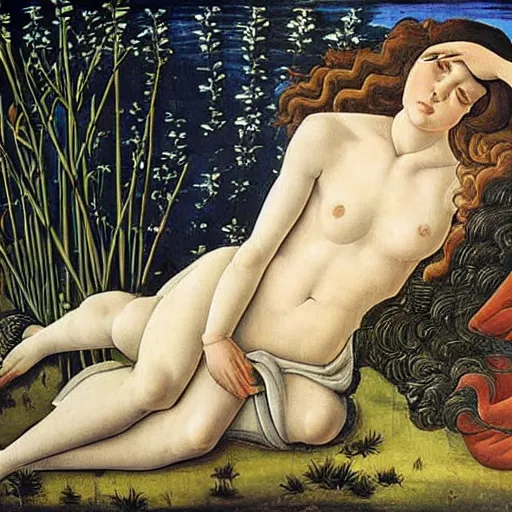 Image similar to sandro botticelli painting of daisy ridley as venus in a lush pond