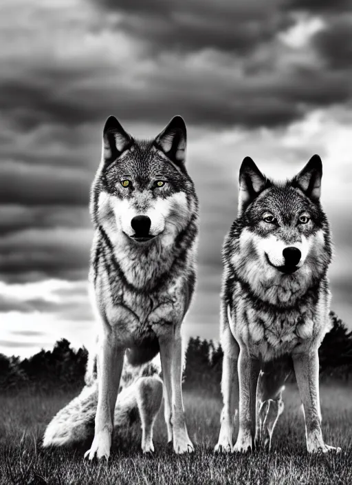 Image similar to two wolves black and white portrait white sky in background