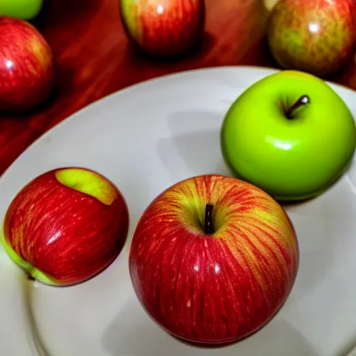 Prompt: a wide angle side view realistic photo of only 3 apples on a colorful plate, award winning