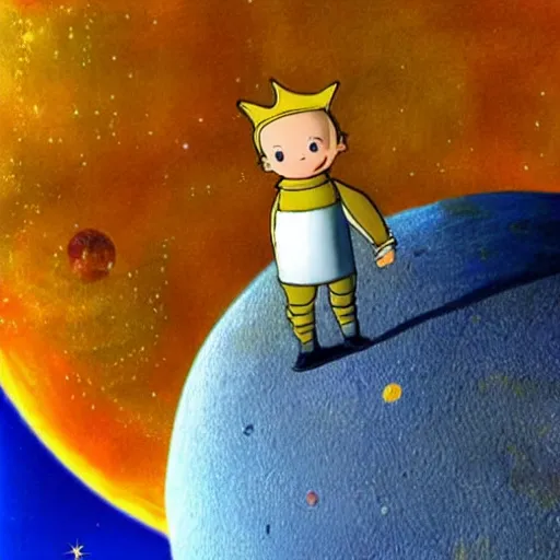 Prompt: the little prince on a little round planet floating in space