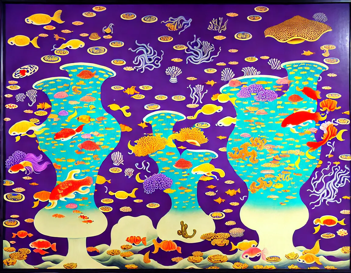 Prompt: vase of mushroom in the sky and under the sea decorated with a dense field of stylized scrolls that have opaque purple outlines, with koi fishes, octopus, sponges, ambrosius benson, kerry james marshall, afrofuturism, oil on canvas, history painting, hyperrealism, light color, no hard shadow, around the edges there are no objects