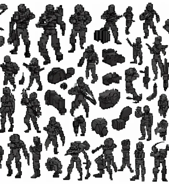 Prompt: monochromatic color scheme!! game asset of military exploration of shapes and forms, pixel art, in the style of richard schmidbauer, autumn rain turkel, vijay jayant props, stylized, 2 d sprites, kitbash, action poses, medical anatomy, call of duty, battlefield, gears of war, artstation, pinterest, deviantart