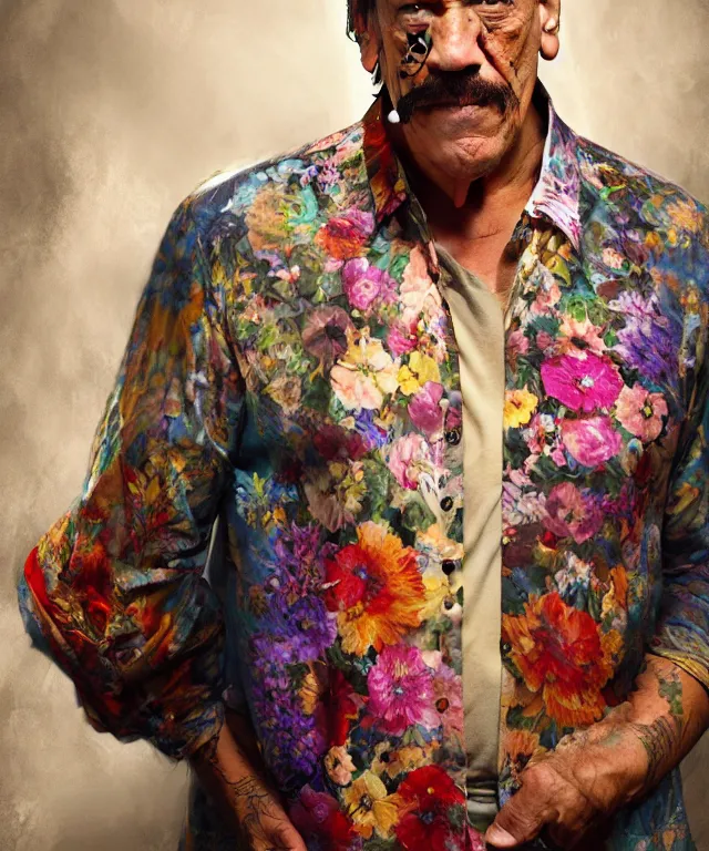 Prompt: danny trejo, cinematic, floral shirt, sombrero, elegant, highly detailed, digital painting, artstation, smooth, hard focus, illustration, art by jessica rossier and and brian froud