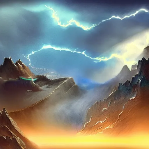 Prompt: flying blue lighting dragon, misty fog, big lake, montains in background, thunder and lightning, dungeons and dragons, highly detailed, digital illustration