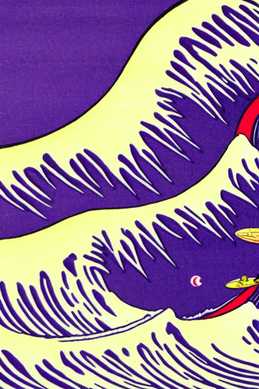 Prompt: an astronaut surfing the great wave off kanagawa on a purple surboard