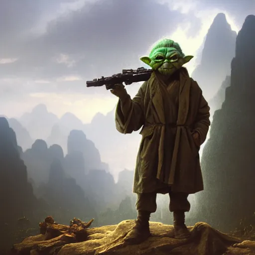 Prompt: an extremely detailed matte painting of a ridiculously good looking yoda that looks like a jewish gigachad in the vietnam war, wearing a ballistic helmet from patton, long curly hair, camouflaged gear, very detailed, jungles of vietnam beautiful, intricate, cinematic, artstation, william bouguereau, alphonse mucha, greg rutkowski, stanley kubrick, octane render