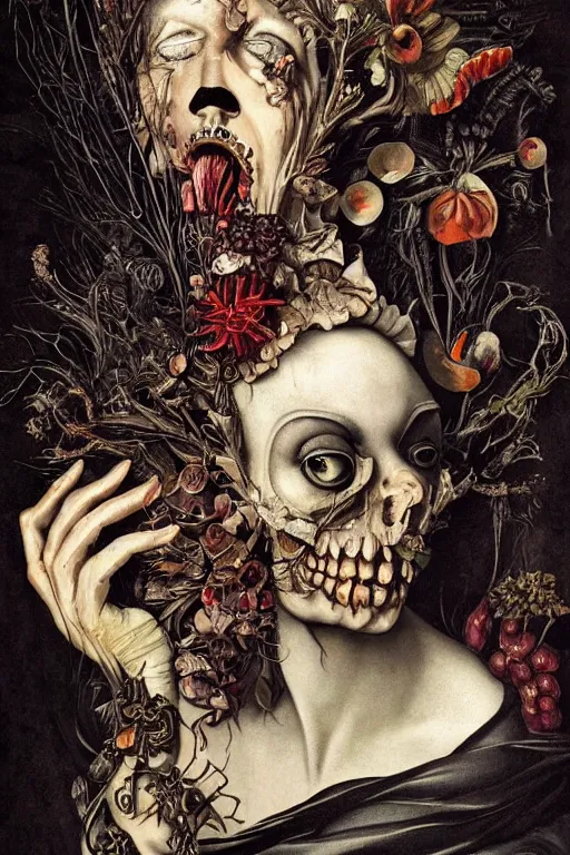 Image similar to Detailed maximalist portrait a with large lips and with large eyes, exasperated expression, botanical skeletal with extra flesh, HD mixed media collage, highly detailed and intricate, surreal illustration in the style of Caravaggio, dark art, baroque