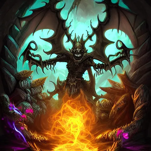 Image similar to 💀 🐉 🦇 🟣 , fantasy digital art, magical background in the style of hearthstone artwork
