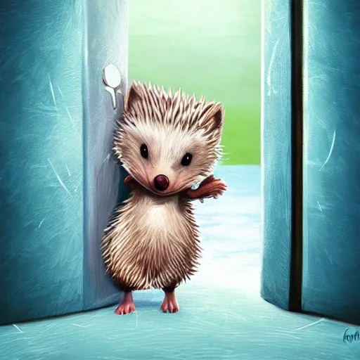 Image similar to cute adorable hedgehog opening the door, waving, smiling, cute, hedgehog, by cyril rolando