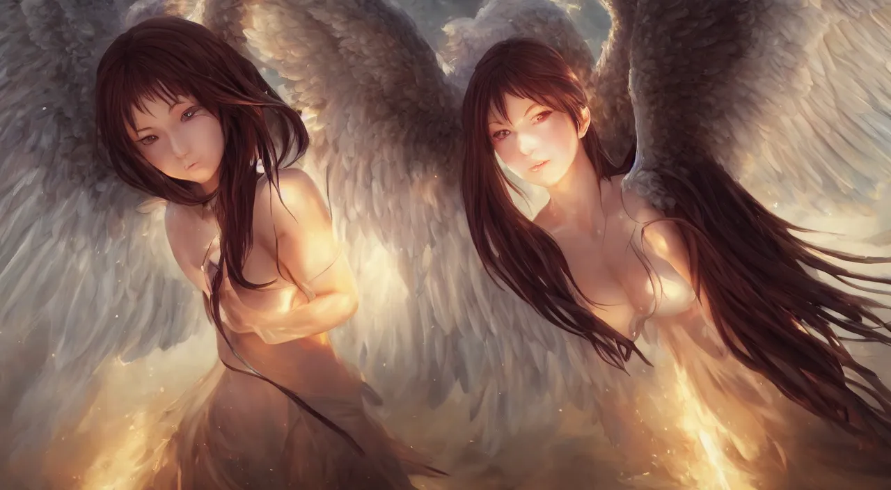 Image similar to an oil painting of a beautiful anime girl with angel wings, by artgerm, wlop and greg rutkowski, hd, hdr, ue 5, ue 6, unreal engine 5, cinematic 4 k wallpaper, 8 k, ultra detailed, high resolution, artstation, award winning