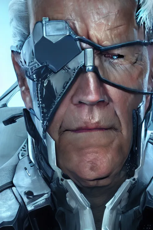 Image similar to joe biden in metal gear rising revengeance, metal gear rising, metal gear, joe biden, octane render, 8 k, realistic face, realistically proportioned head, realistically proportioned face