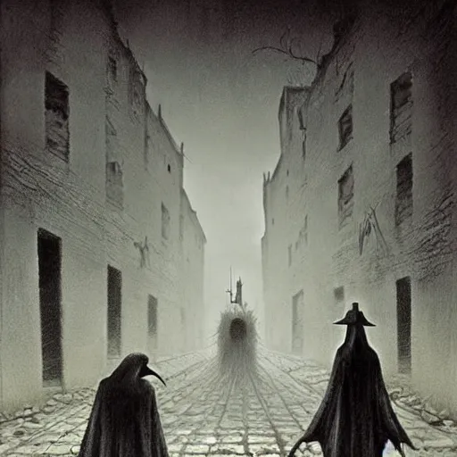 Prompt: plague doctor walking through a town ravaged by plague, dark, creepy, death, disease, hyperdetailed, concept art in a style of zdzislaw beksinski