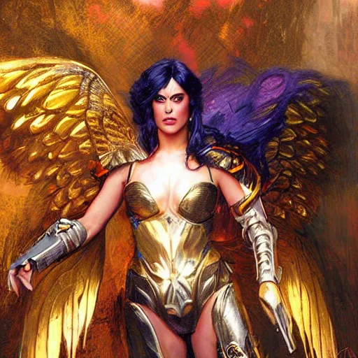 Image similar to katie perry as a trans futuristic asguardian superheroine in intricate dark seraphim warrior armor. her seraphim wings glow energy, art by gaston bussiere, craig mullins, simon bisley