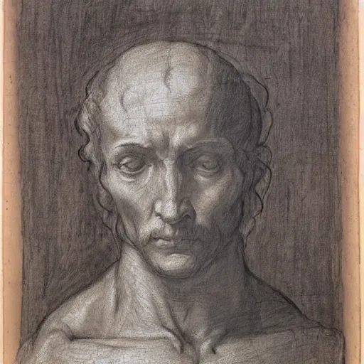 Image similar to unfinished study of mans face. michelangelo, early sixteenth century. red chalk on paper.