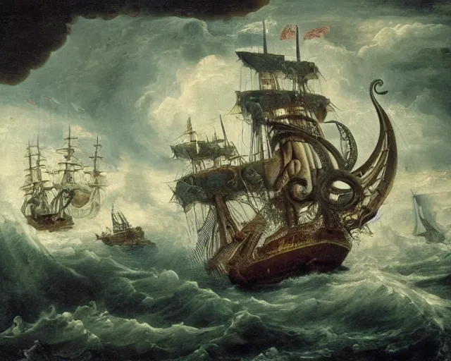 Prompt: a 16th century galleon warship being attacked by the kraken with huge octopus tentacles on the stormy seas with huge waves. The air is choked with cannon fire and smoke. oil painting on canvas, masterpiece, ultra high intricate detail, cinematic