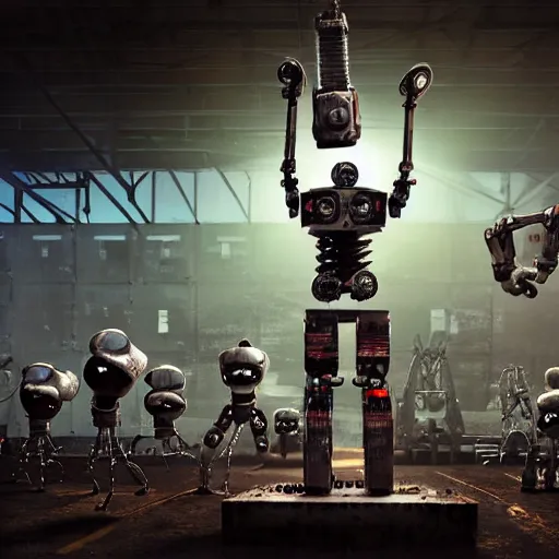 Prompt: a realistic crazy robot with a welding helmet for a head, one fist raised high in triumph, raised fist, standing in front of many large robots inside a huge rusty dingy warehouse, army of big robots, the robots are large and menacing, raygun gothic, atomic punk, digital art, detailed render,