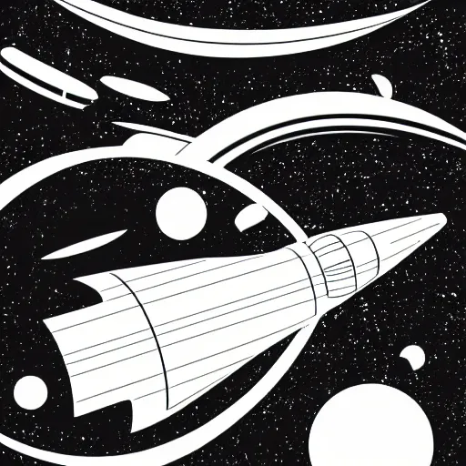 Image similar to a 70s vector based poster illustration about a space travel, negative space allowed, black ink on white background, smooth curves