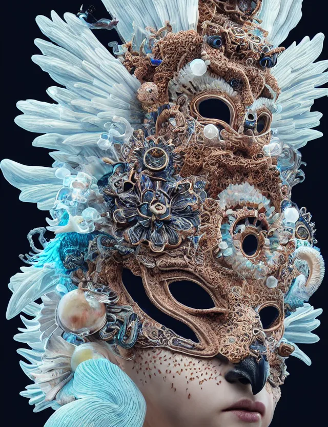 Prompt: goddess macro close - up portrait with crown and mask made of ram skull. beautiful intricately detailed japanese crow kitsune mask and clasical japanese kimono. betta fish, jellyfish phoenix, bioluminiscent, plasma, ice, water, wind, creature, artwork by tooth wu and wlop and beeple and greg rutkowski