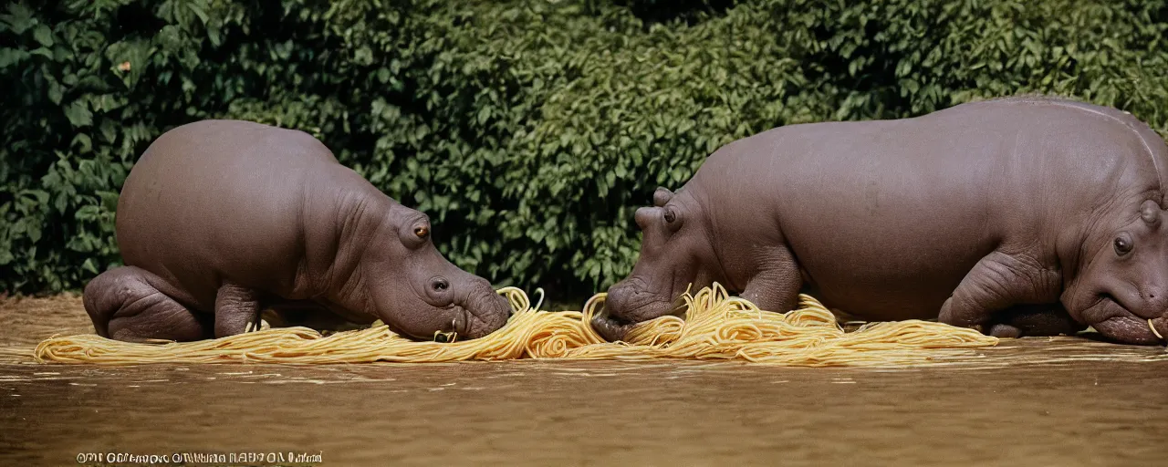 Image similar to a single hippo eating spaghetti off a bush, in the style of national geographic, canon 5 0 mm, film, kodachrome, retro, muted