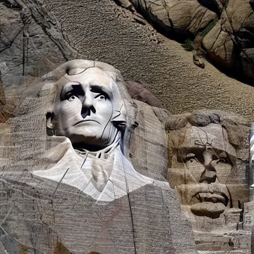 Image similar to donald trump's face carved into the rock on mount rushmore. the photo clearly depicts donald trump's facial features next to other former presidents, at a slightly elevated level, depicting his particular hair style carved into the stone at the mountain top, centered, balances, regal, pensive, powerful, just