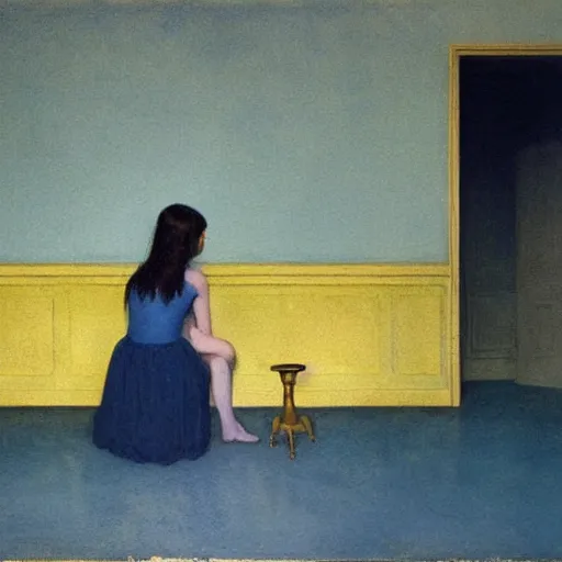 Image similar to close up of a girl in a blue and gold haunted liminal abandoned room, watercolor by edward hopper, by gottfried helnwein, by hammershøi, art noveau, highly detailed, strong lights, liminal, eerie, bright pastel colors,