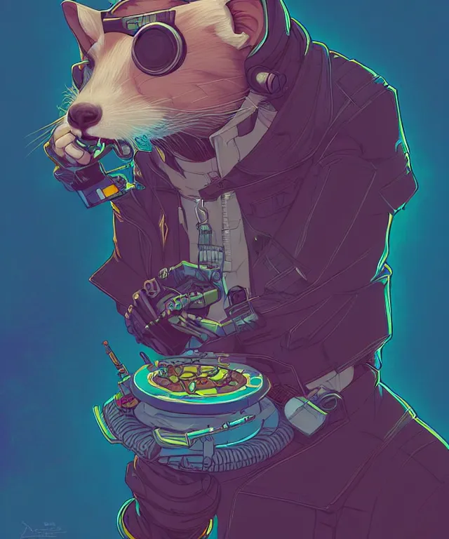 Image similar to a portrait of an anthropomorphic cyberpunk ferret eating pie, cyberpunk!, fantasy, elegant, digital painting, artstation, concept art, matte, sharp focus, illustration, art by josan gonzalez