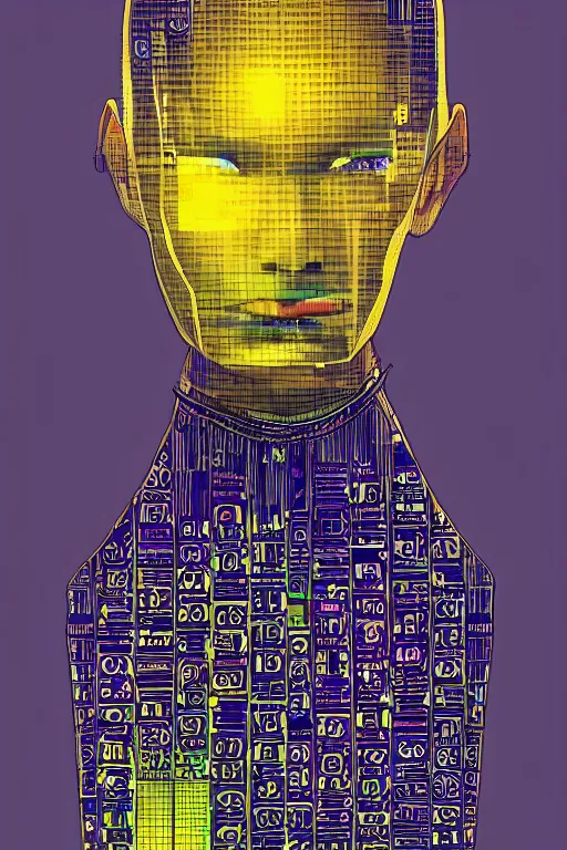 Image similar to cypherpunk fashion illustration, television head, city background, full body, abstract portrait, ultra detailed, fine detail