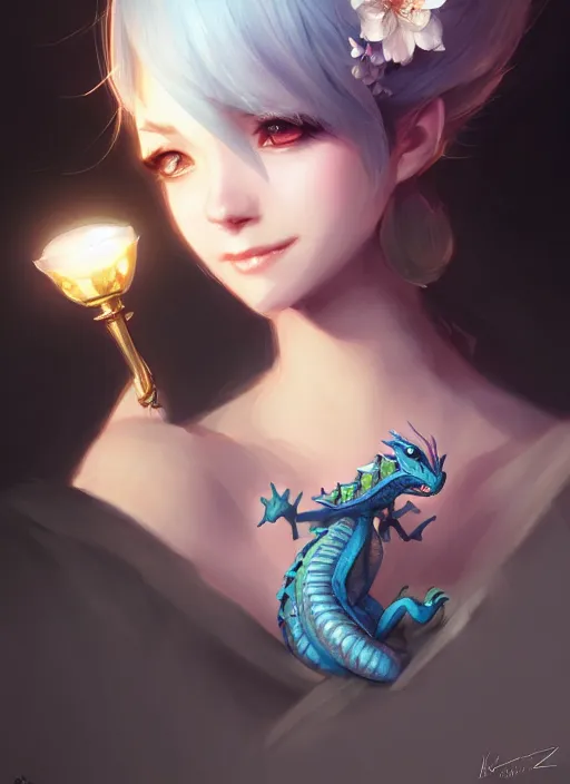 Image similar to cute little dragon,, black gold light blue, flowers diamonds, highly detailed, artgerm, cushart krenz, artstation, soft light, sharp focus, illustration, character design, concept art