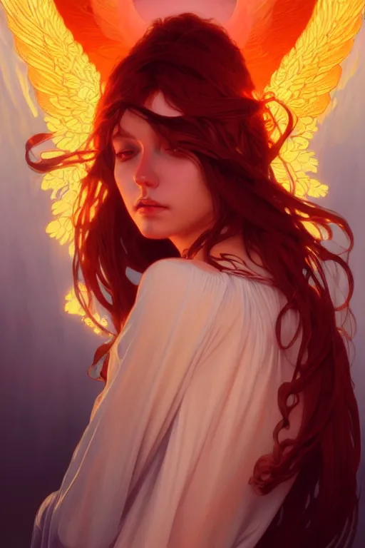 Image similar to a beautiful fire angel, fantasy, portrait, sharp focus, intricate, elegant, digital painting, artstation, matte, highly detailed, concept art, illustration, ambient lighting, art by ilya kuvshinov, artgerm, Alphonse mucha, and Greg Rutkowski