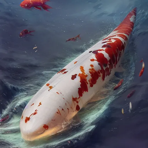 Image similar to subsurface scattering, white, giant submarine, koi colors, koi not included, octane render, jesper ejsing, justin gerard, james jean, tomasz alen kopera, cgsociety, fenghua zhong, makoto shinkai, highly detailed, rim light, art, cinematic lighting, very coherent, hyper realism, 8 k