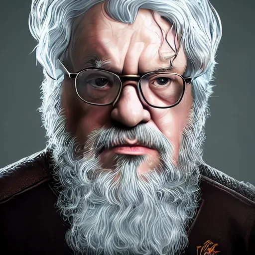 Prompt: portrait of George R.R. Martin as Tyrion Lannister wearing glasses with grey hair as he stands at the top of off the Wall, fantasy leather clothing, ambient lighting, 4k, anime key visual, lois van baarle, ilya kuvshinov, rossdraws, artstation