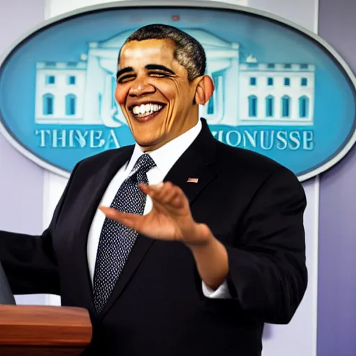 Image similar to presidential photo of Obese Obama holding a gun, press conference, laughing, giggling